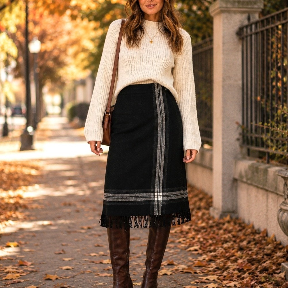 Michele Black Fringe Plaid Wool Blend Midi Pencil Skirt Size 8 Vintage